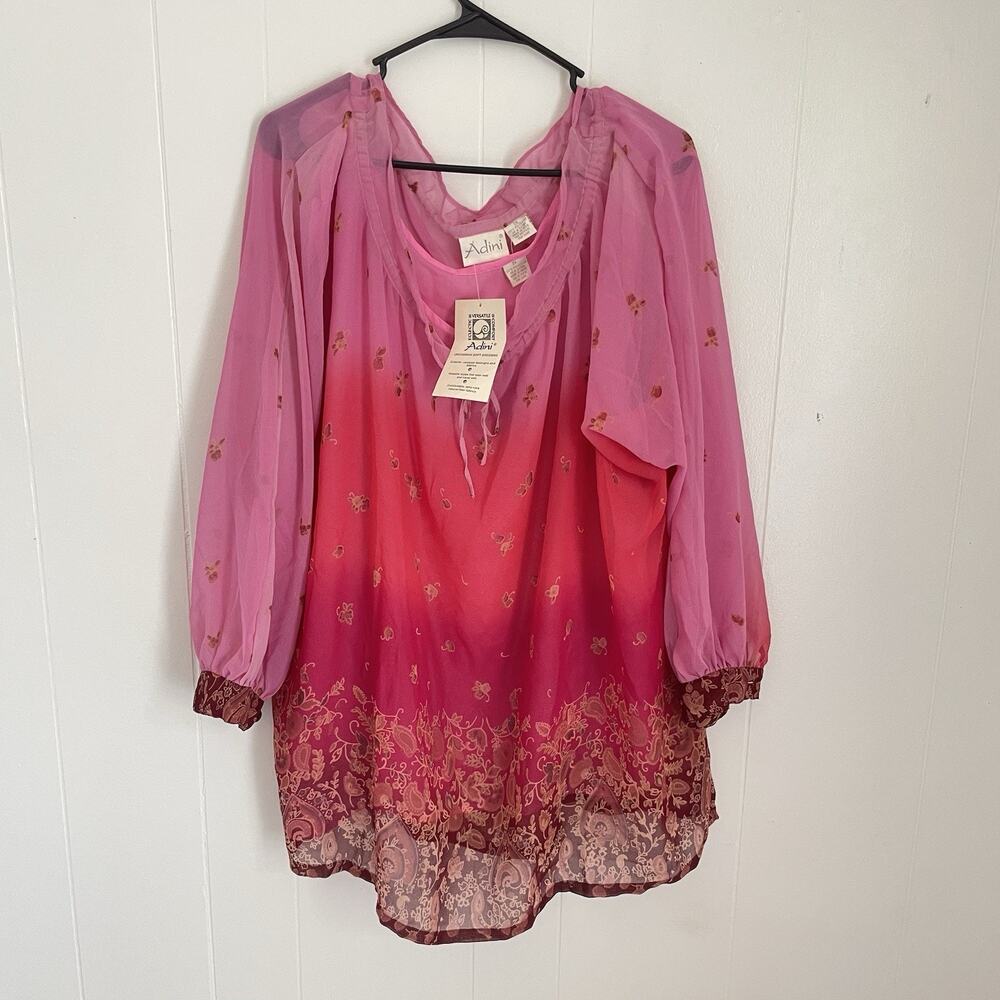 Adini 3X Boho Sheer Tunic‎ Top Pink Ombre Floral Batik India Festival Hippie NWT